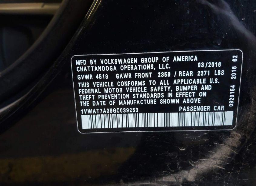 Photo 9 of 2016 Volkswagen Passat 1.8T S (VIN 1VWAT7A39GC039253)