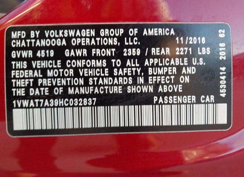 Photo 9 of 2017 Volkswagen Passat 1.8T S (VIN 1VWAT7A39HC032837)