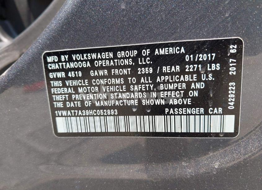 Photo 9 of 2017 Volkswagen Passat 1.8T S (VIN 1VWAT7A39HC052893)
