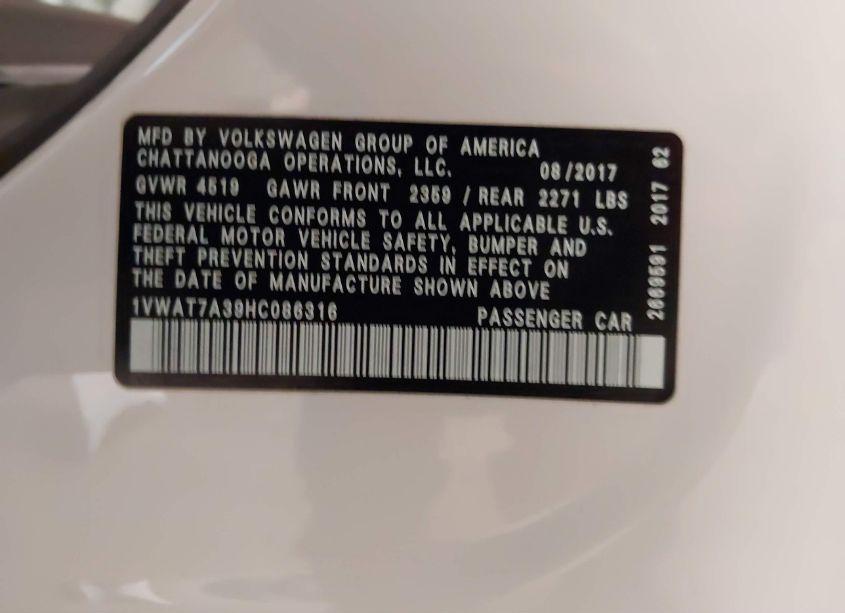 Photo 9 of 2017 Volkswagen Passat 1.8T S (VIN 1VWAT7A39HC086316)