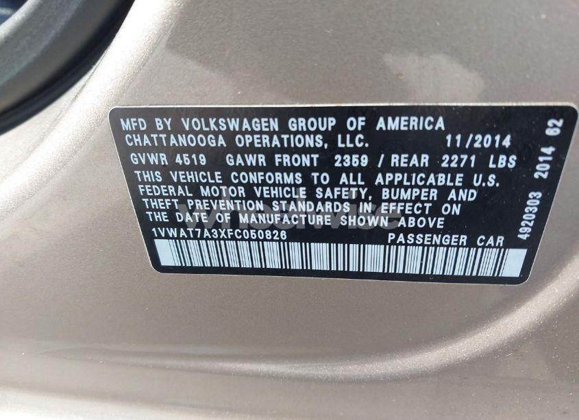 Photo 9 of 2015 Volkswagen Passat 1.8T WOLFSBURG EDITION (VIN 1VWAT7A3XFC050826)