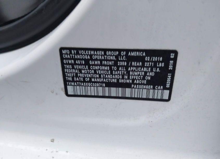 Photo 9 of 2016 Volkswagen Passat 1.8T S (VIN 1VWAT7A3XGC029718)