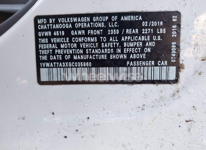 Photo 9 of 2016 Volkswagen Passat 1.8T S (VIN 1VWAT7A3XGC035860)