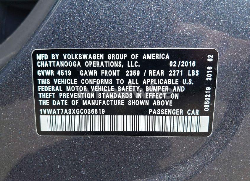 Photo 9 of 2016 Volkswagen Passat 1.8T R-LINE (VIN 1VWAT7A3XGC036619)