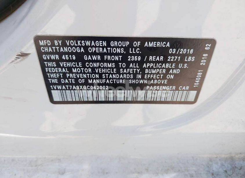 Photo 9 of 2016 Volkswagen Passat 1.8T S (VIN 1VWAT7A3XGC042002)