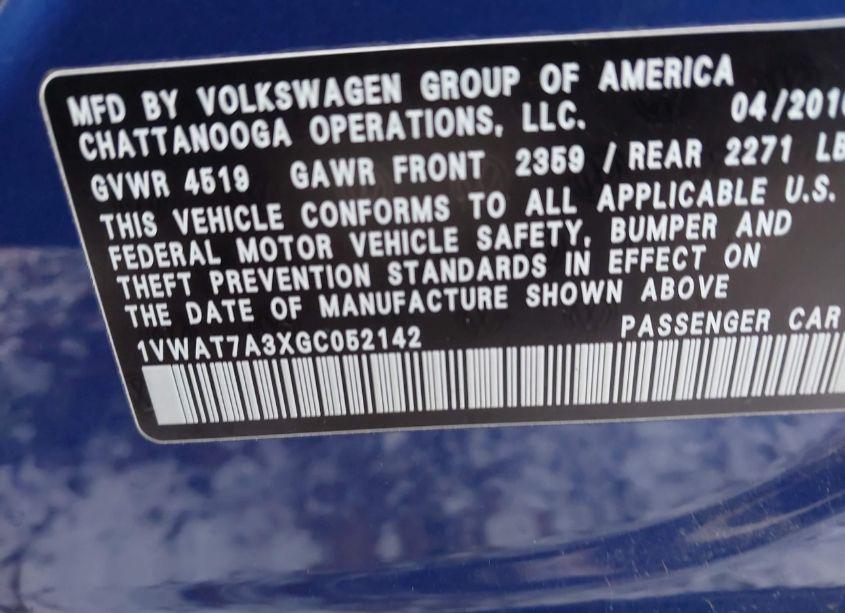 Photo 9 of 2016 Volkswagen Passat 1.8T S (VIN 1VWAT7A3XGC052142)