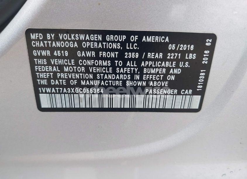 Photo 9 of 2016 Volkswagen Passat 1.8T S (VIN 1VWAT7A3XGC055364)