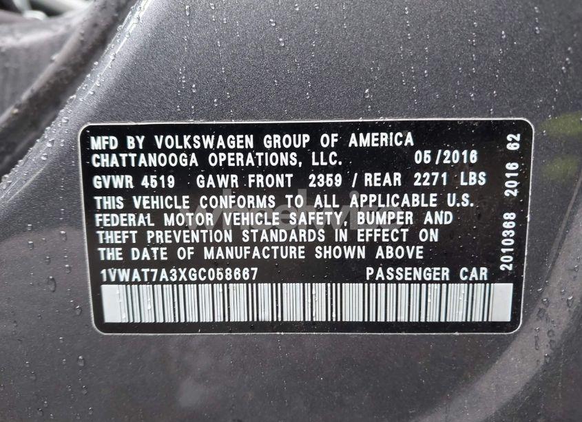 Photo 9 of 2016 Volkswagen Passat 1.8T S (VIN 1VWAT7A3XGC058667)