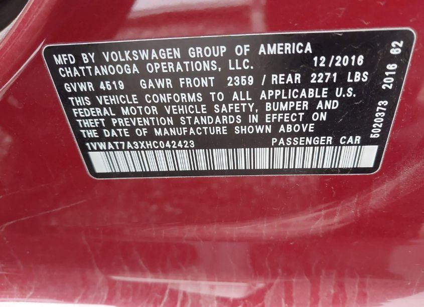 Photo 9 of 2017 Volkswagen Passat 1.8T S (VIN 1VWAT7A3XHC042423)