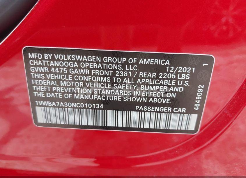 Photo 9 of 2022 Volkswagen Passat 2.0T LIMITED EDITION (VIN 1VWBA7A30NC010134)