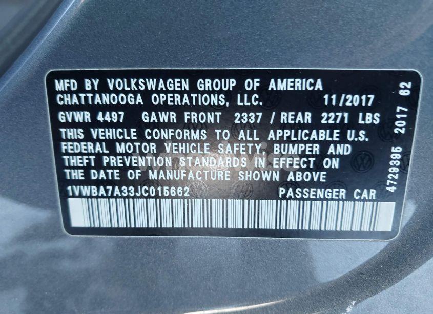 Photo 9 of 2018 Volkswagen Passat 2.0T SE (VIN 1VWBA7A33JC015662)