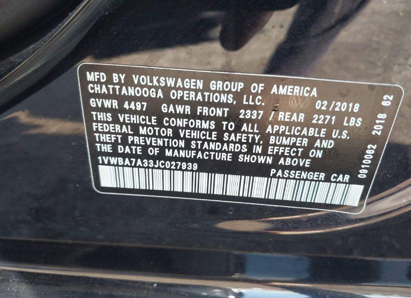 Photo 9 of 2018 Volkswagen Passat 2.0T SE (VIN 1VWBA7A33JC027939)