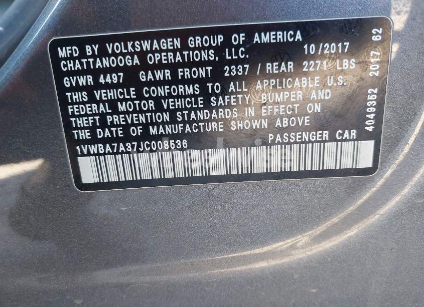 Photo 9 of 2018 Volkswagen Passat 2.0T SE (VIN 1VWBA7A37JC008536)