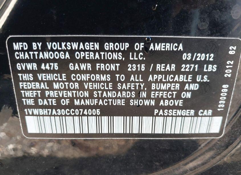 Photo 9 of 2012 Volkswagen Passat 2.5L SE (VIN 1VWBH7A30CC074005)