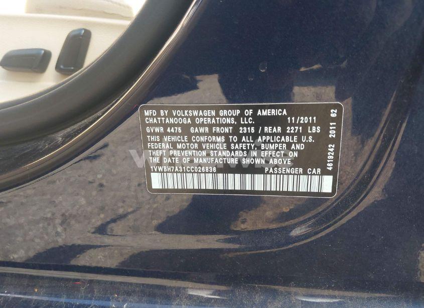 Photo 9 of 2012 Volkswagen Passat 2.5L SE (VIN 1VWBH7A31CC026836)