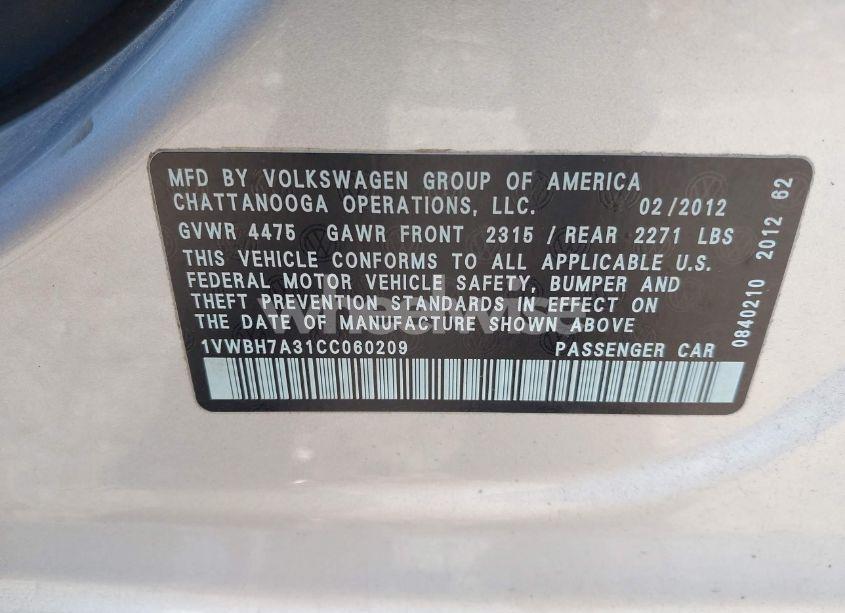 Photo 9 of 2012 Volkswagen Passat 2.5L SE (VIN 1VWBH7A31CC060209)