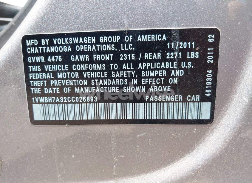 Photo 9 of 2012 Volkswagen Passat 2.5L SE (VIN 1VWBH7A32CC026893)