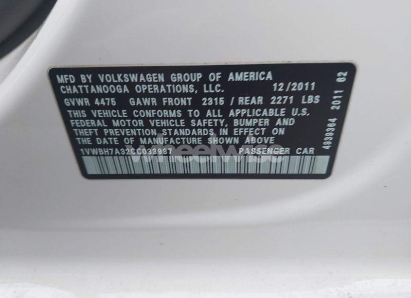Photo 9 of 2012 Volkswagen Passat 2.5L SE (VIN 1VWBH7A32CC033987)