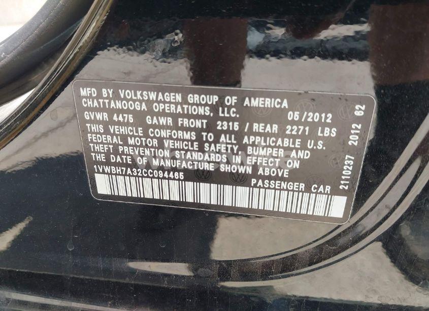 Photo 9 of 2012 Volkswagen Passat 2.5L SE (VIN 1VWBH7A32CC094465)
