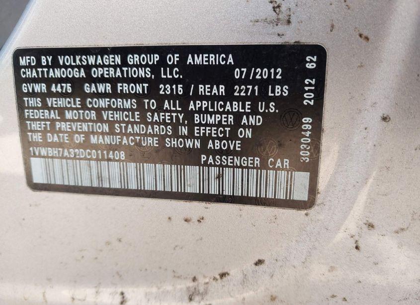 Photo 9 of 2013 Volkswagen Passat 2.5L SE (VIN 1VWBH7A32DC011408)