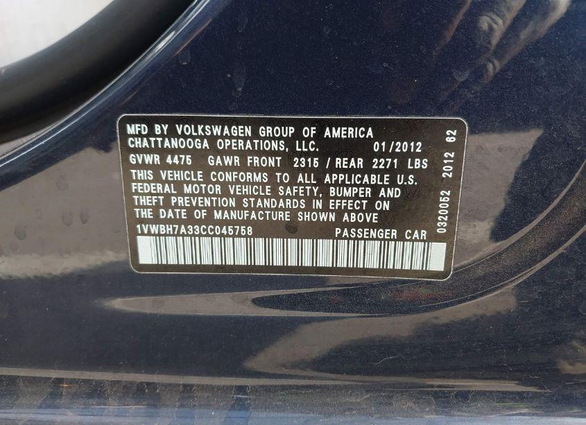Photo 9 of 2012 Volkswagen Passat 2.5L SE (VIN 1VWBH7A33CC045758)