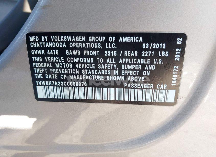 Photo 9 of 2012 Volkswagen Passat 2.5L SE (VIN 1VWBH7A33CC065976)