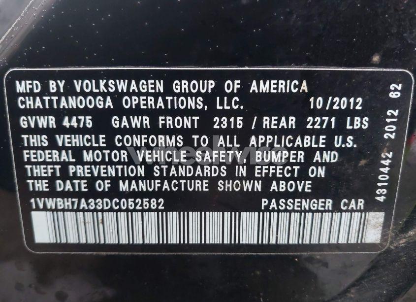 Photo 9 of 2013 Volkswagen Passat 2.5L SE (VIN 1VWBH7A33DC052582)