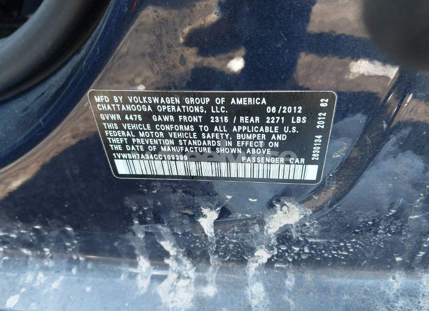 Photo 9 of 2012 Volkswagen Passat 2.5L SE (VIN 1VWBH7A34CC109399)