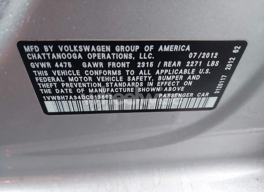 Photo 9 of 2013 Volkswagen Passat 2.5L SE (VIN 1VWBH7A34DC013662)