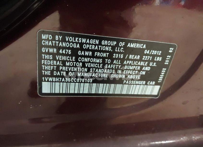 Photo 9 of 2012 Volkswagen Passat 2.5L SE (VIN 1VWBH7A35CC075103)