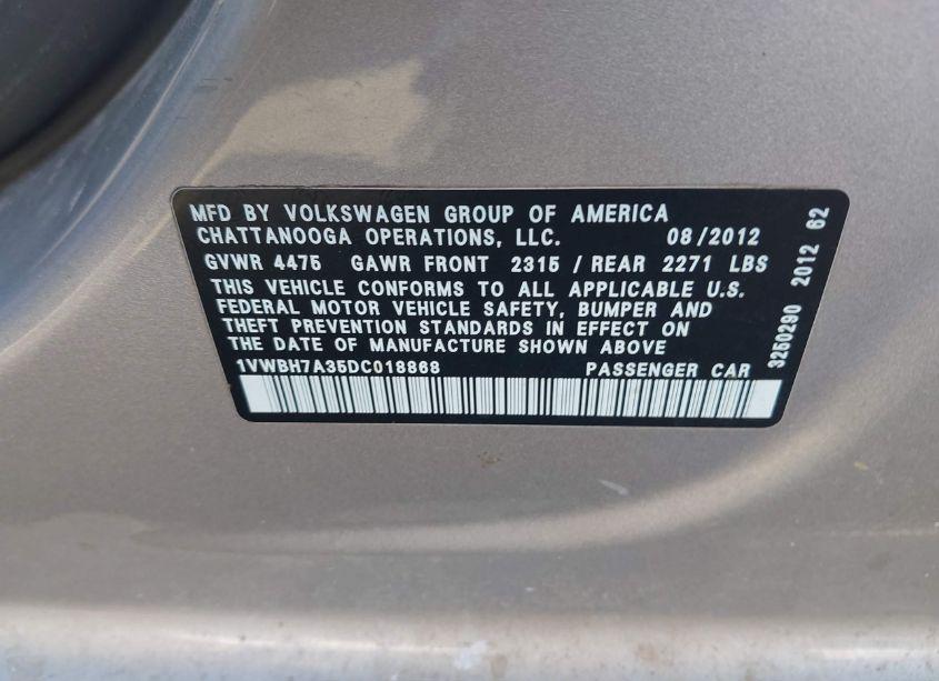 Photo 9 of 2013 Volkswagen Passat 2.5L SE (VIN 1VWBH7A35DC018868)