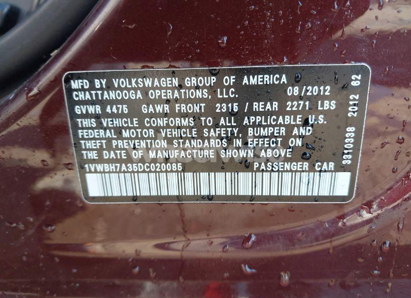 Photo 9 of 2013 Volkswagen Passat 2.5L SE (VIN 1VWBH7A35DC020085)