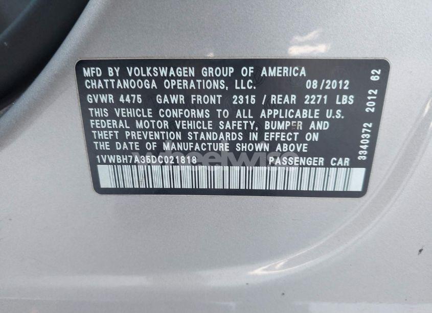 Photo 9 of 2013 Volkswagen Passat 2.5L SE (VIN 1VWBH7A35DC021818)