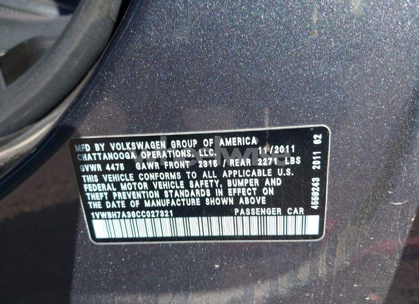 Photo 9 of 2012 Volkswagen Passat 2.5L SE (VIN 1VWBH7A36CC027321)