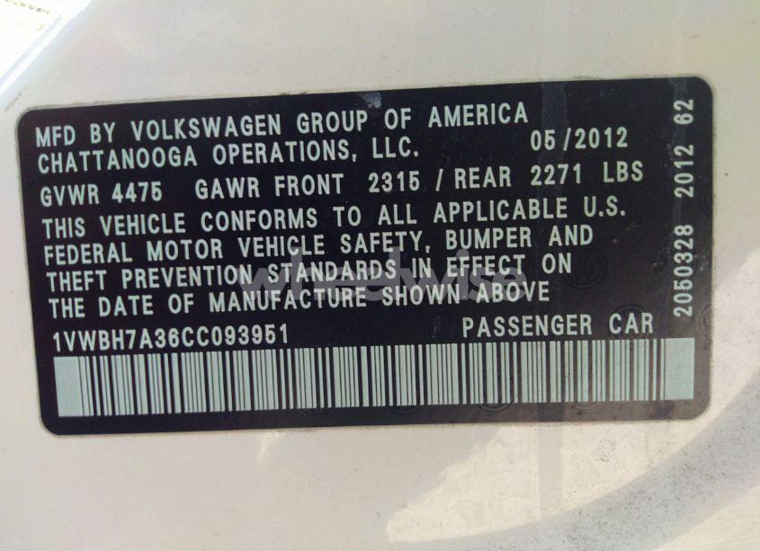 Photo 9 of 2012 Volkswagen Passat 2.5L SE (VIN 1VWBH7A36CC093951)
