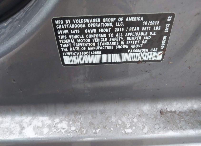 Photo 9 of 2013 Volkswagen Passat 2.5L SE (VIN 1VWBH7A36DC049658)