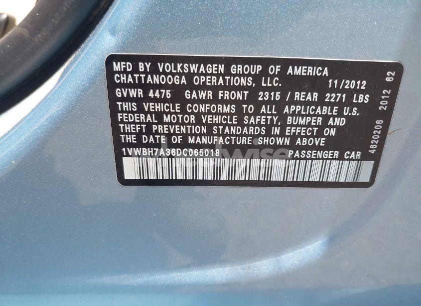 Photo 9 of 2013 Volkswagen Passat 2.5L SE (VIN 1VWBH7A36DC065018)