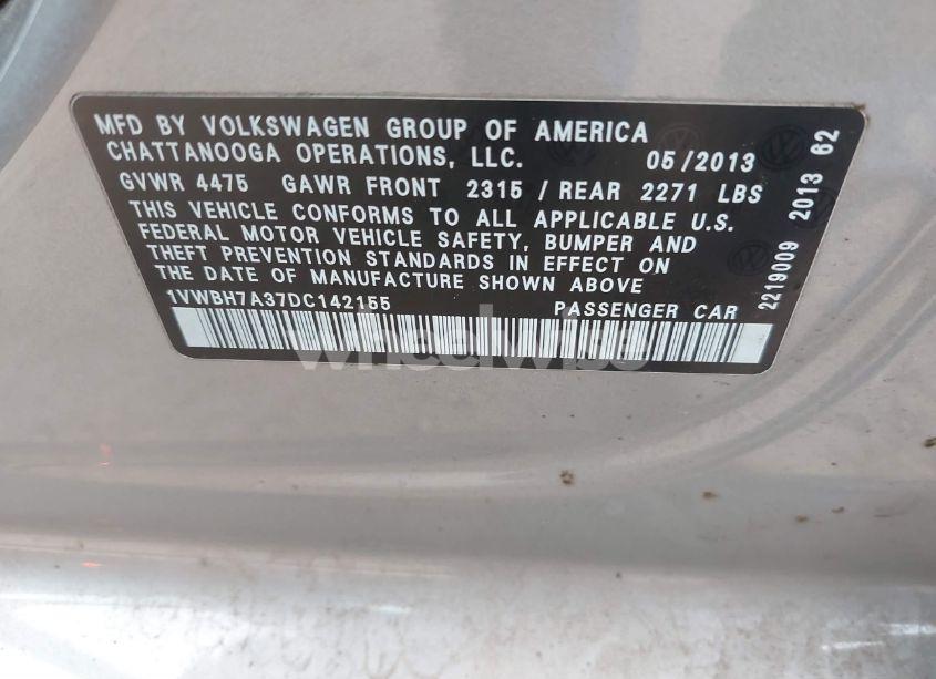 Photo 9 of 2013 Volkswagen Passat 2.5L SE (VIN 1VWBH7A37DC142155)