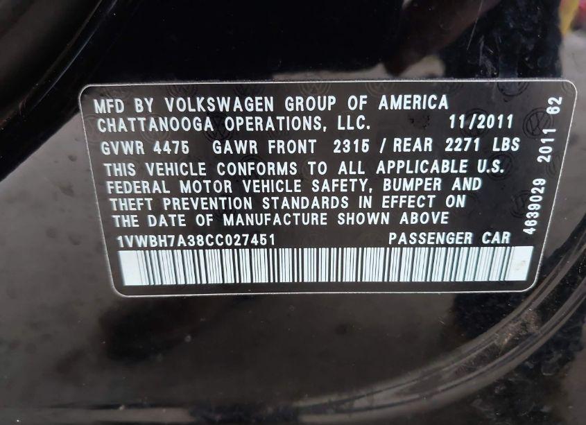Photo 9 of 2012 Volkswagen Passat 2.5L SE (VIN 1VWBH7A38CC027451)