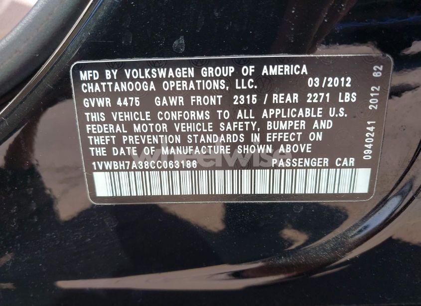 Photo 9 of 2012 Volkswagen Passat 2.5L SE (VIN 1VWBH7A38CC063186)