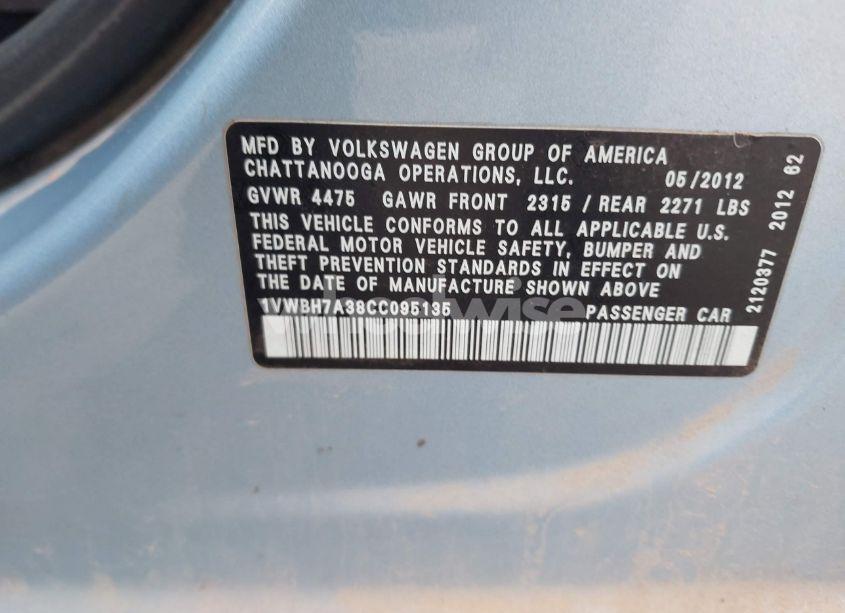 Photo 9 of 2012 Volkswagen Passat 2.5L SE (VIN 1VWBH7A38CC095135)