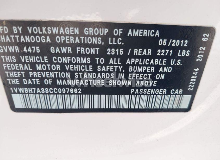 Photo 9 of 2012 Volkswagen Passat 2.5L SE (VIN 1VWBH7A38CC097662)