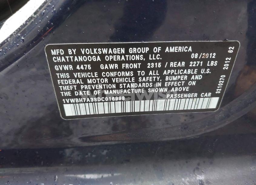 Photo 9 of 2013 Volkswagen Passat 2.5L SE (VIN 1VWBH7A38DC016998)