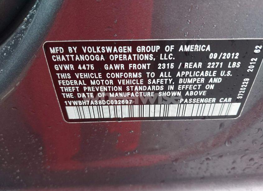 Photo 9 of 2013 Volkswagen Passat 2.5L SE (VIN 1VWBH7A38DC032697)