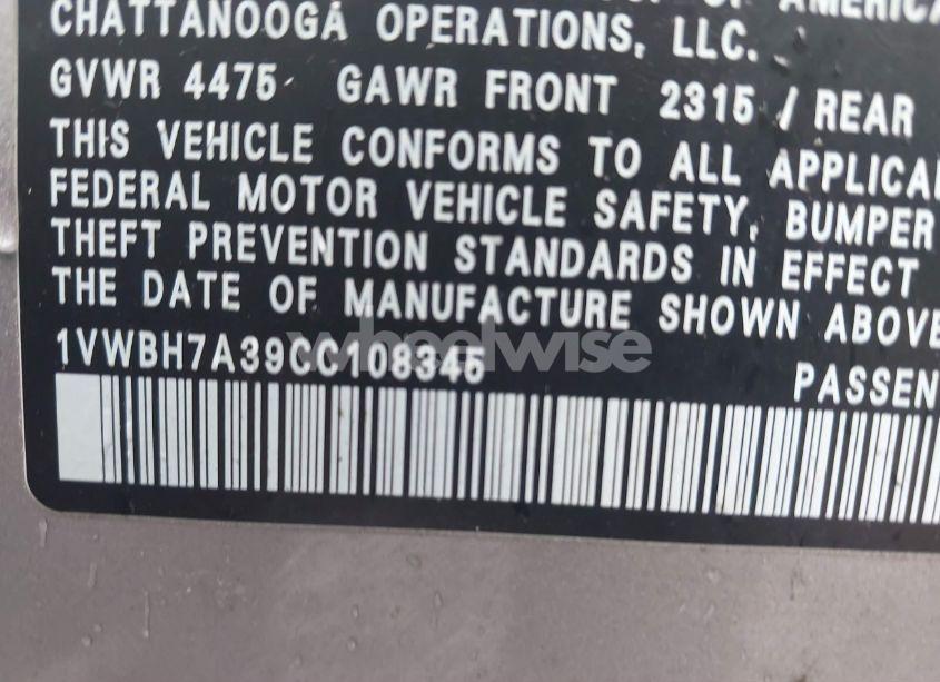 Photo 9 of 2012 Volkswagen Passat 2.5L SE (VIN 1VWBH7A39CC108345)