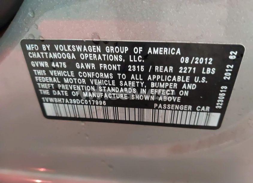 Photo 9 of 2013 Volkswagen Passat 2.5L SE (VIN 1VWBH7A39DC017996)