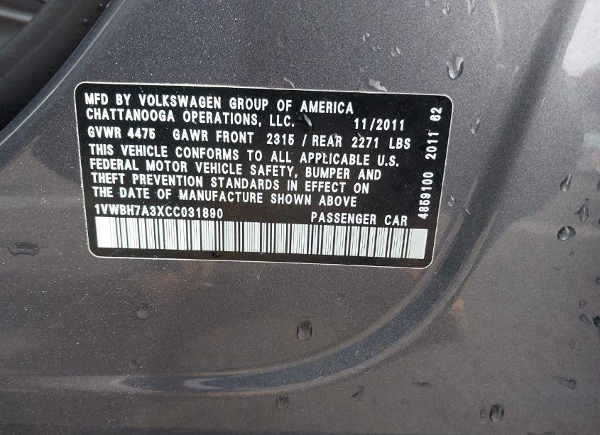 Photo 9 of 2012 Volkswagen Passat 2.5L SE (VIN 1VWBH7A3XCC031890)