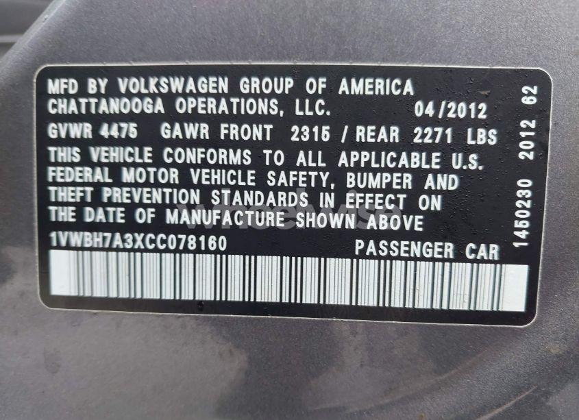 Photo 9 of 2012 Volkswagen Passat 2.5L SE (VIN 1VWBH7A3XCC078160)