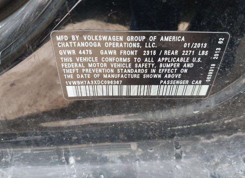 Photo 9 of 2013 Volkswagen Passat 2.5L SE (VIN 1VWBH7A3XDC096367)