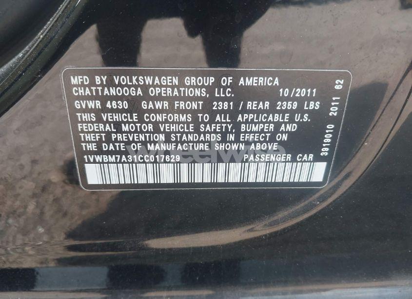 Photo 9 of 2012 Volkswagen Passat 3.6L V6 SE (VIN 1VWBM7A31CC017629)